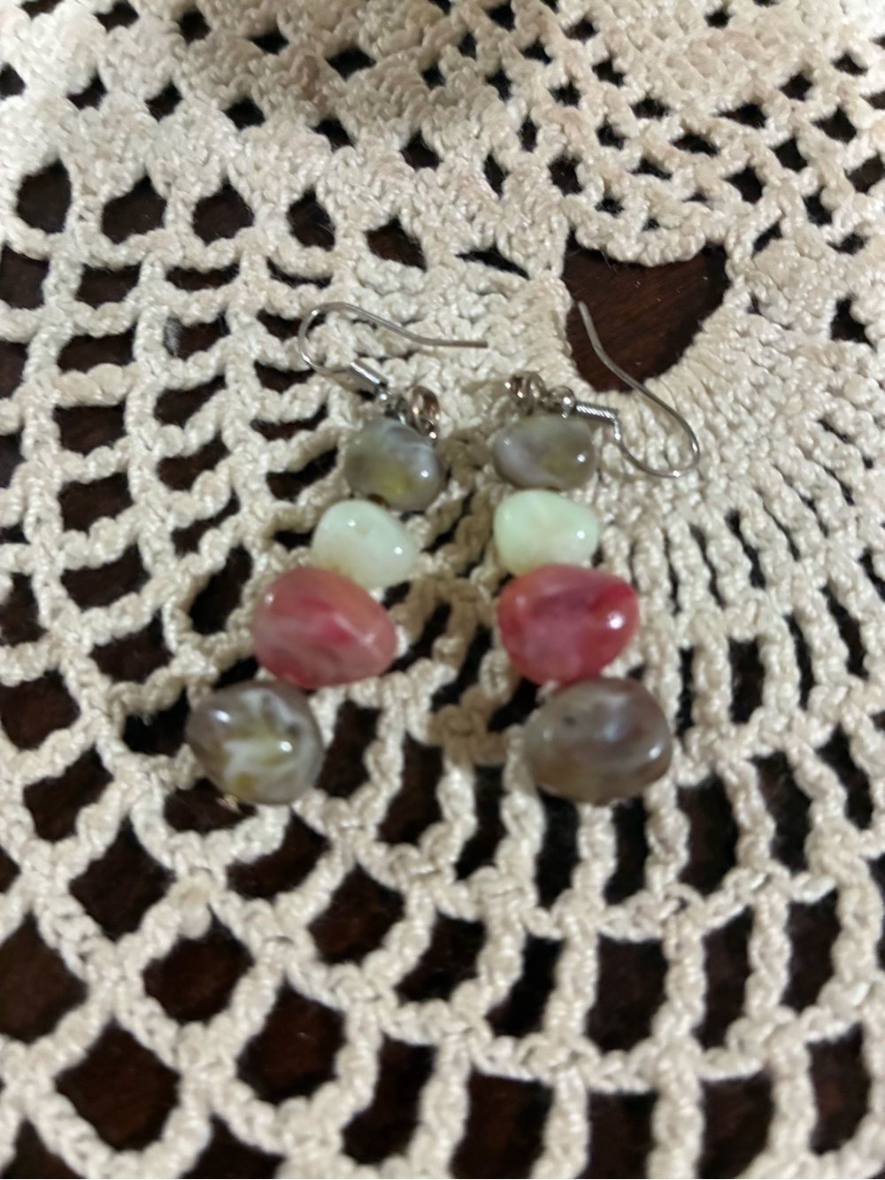 Handmade Green, Pink and Brown Beaded Drop Earrings